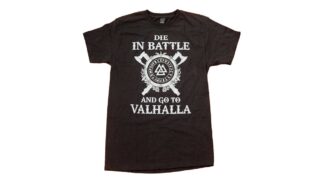 Playera Go To Valhalla negra con escudo nórdico, runas y frase vikinga