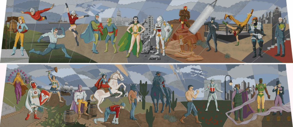 Imagen digital horizontal del mural de History of Metahumans del DCU, con estilo retro y letras redimensionadas