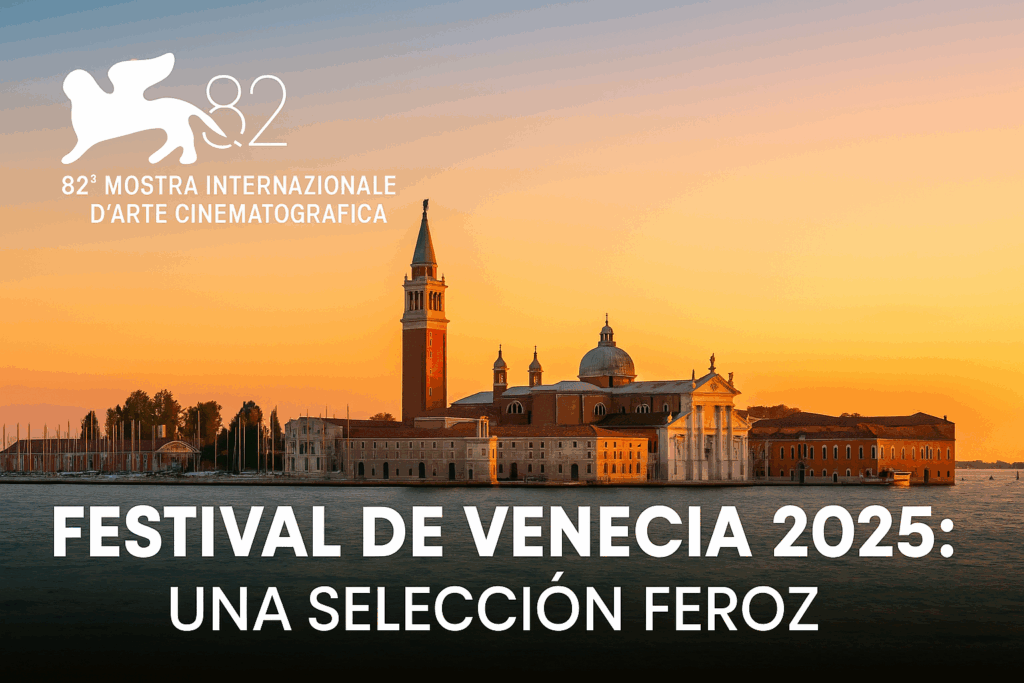 Imagen digital promocional del Festival de Cine de Venecia 2025 con fondo dorado y referencias cinematográficas
